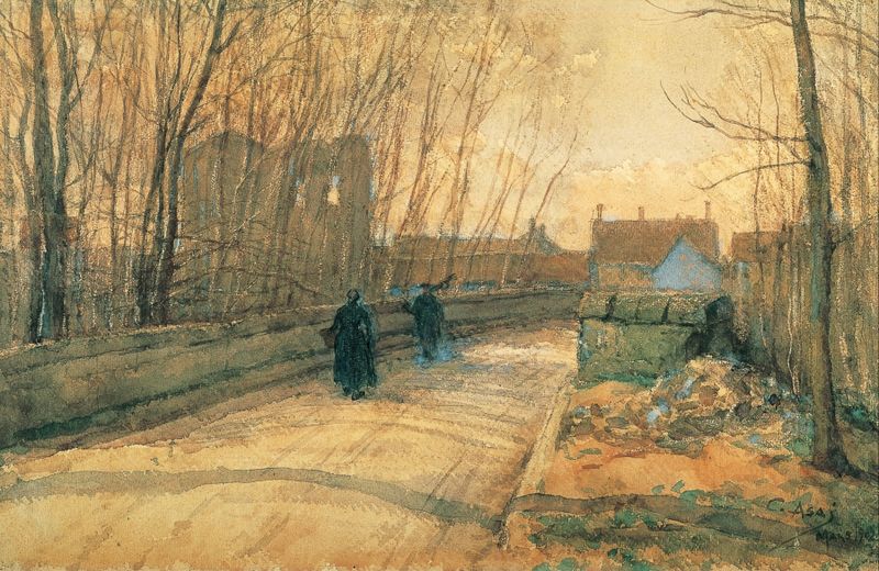 Ponte em Grez-sur-Loing por Asai Chū, óleo sobre tela que retrata uma paisagem serena