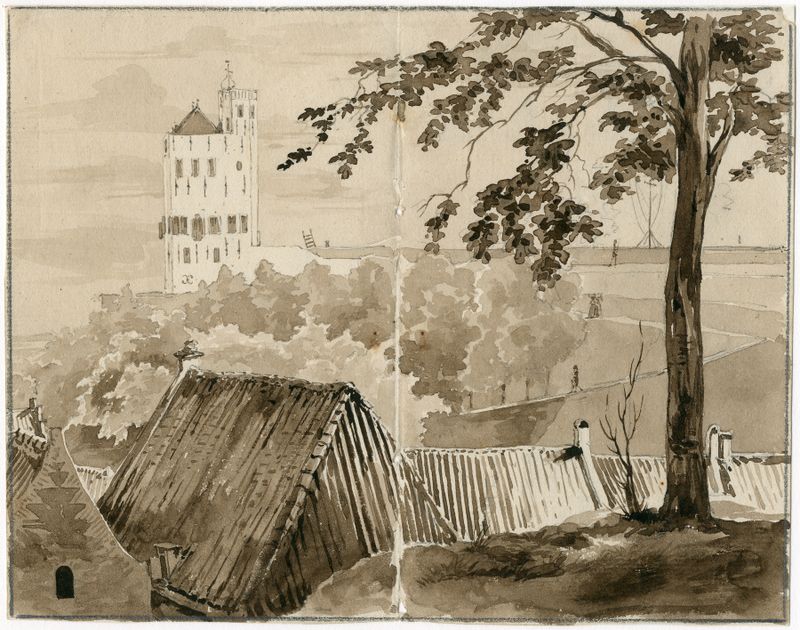 Landscape with rooftops and a castle, oil on canvas by Pieter van Loon