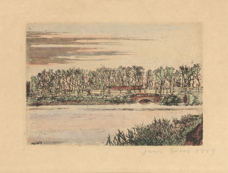 Paisagem de Post-Impressionismo de James Ensor mostrando uma ponte sobre uma floresta colorida