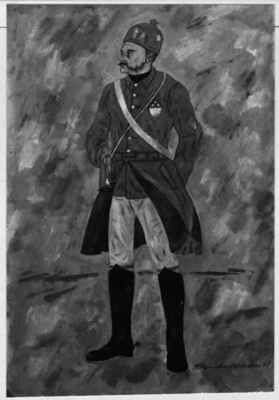 Pintura histórica a óleo de Börje Andersson mostrando um mensageiro em uniforme de 1718.
