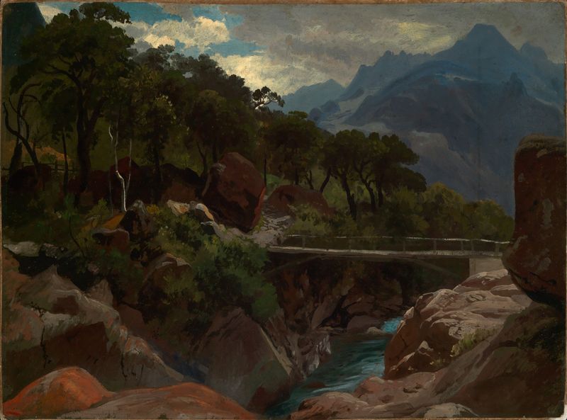 Paisagem com um rio e montanhas, pintura a óleo de Johann Wilhelm Schirmer