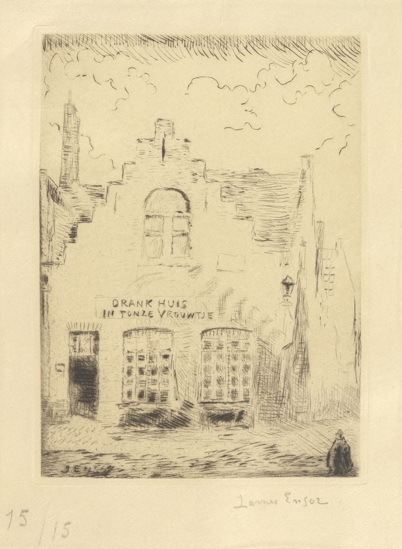 De schaduw op het huis de James Ensor, óleo sobre tela, apresenta uma casa envolta em sombra.