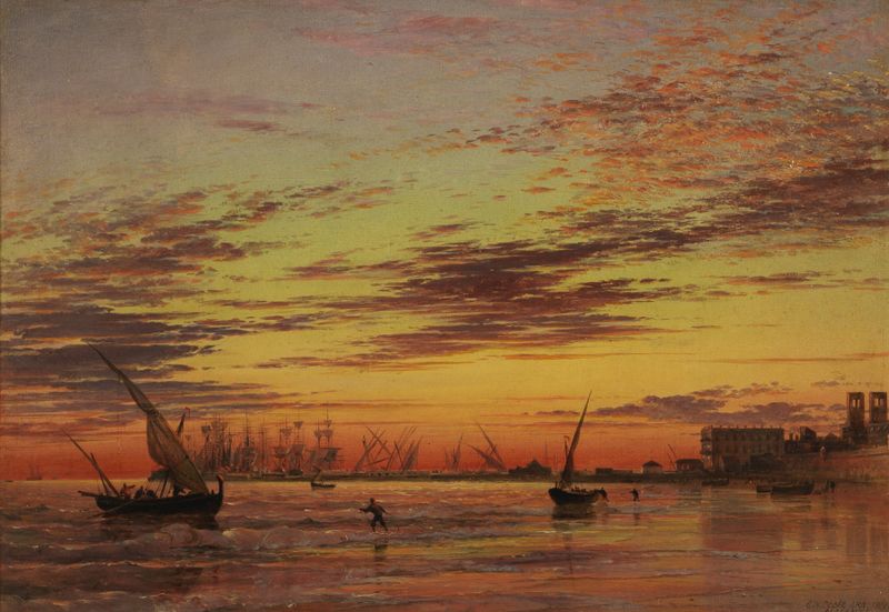 Cena marinha com barcos de pesca sob céu azul, óleo sobre tela de Edward William Cooke