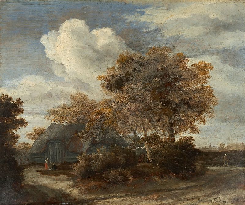 Hut along a Roadside de Meindert Hobbema, óleo sobre lienzo que muestra una escena rural con una cabaña de paja y árboles.