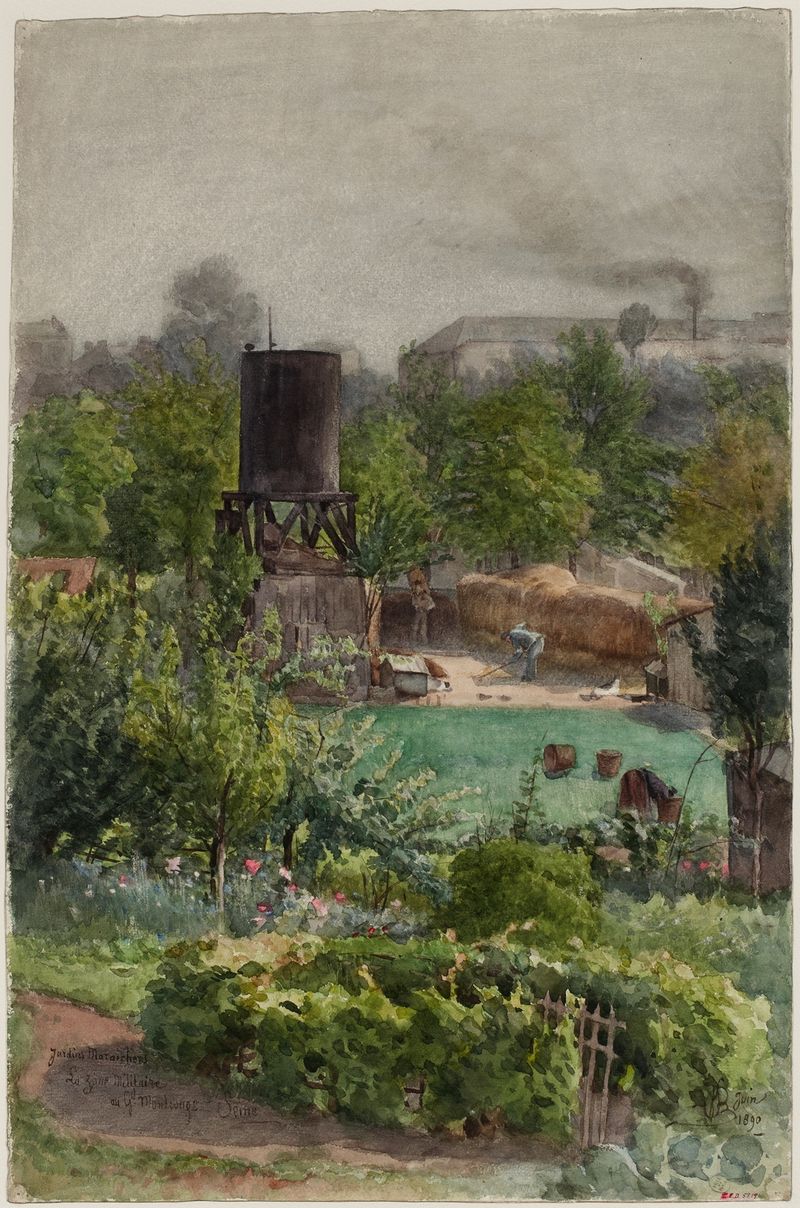 Cena de jardim exuberante com vegetais, pintura a óleo de Félix Brard
