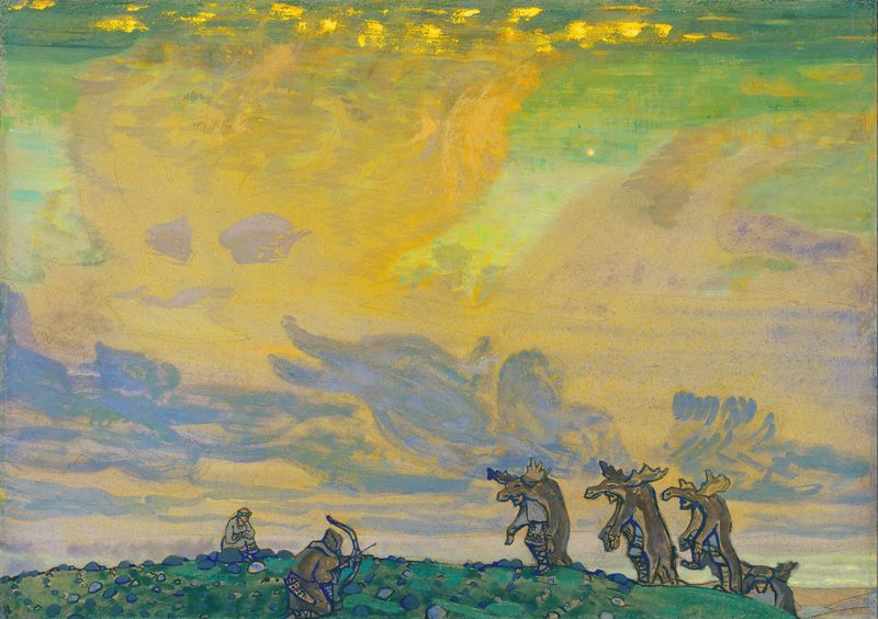 The Great Sacrifice, oil on canvas by Nicholas Roerich, featuring ritual figures in a chaotic scene.