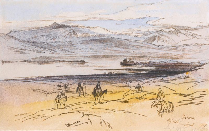 Acuarela de Edward Lear que representa un paisaje sereno con un lago y montañas.