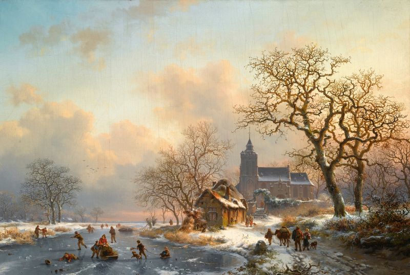 A winter landscape with skaters on a frozen river, oil painting by Frederik Marinus Kruseman.
