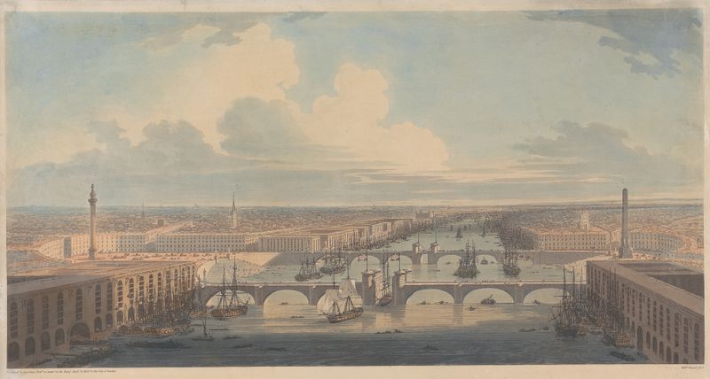 Boceto de perspectiva del Puerto de Londres por George Dance, tinta sobre papel