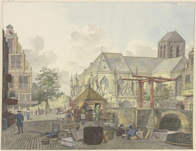 Schleusentor bei einer Kirche by Johannes Huibert Prins, depicting a church and customs house in a landscape.