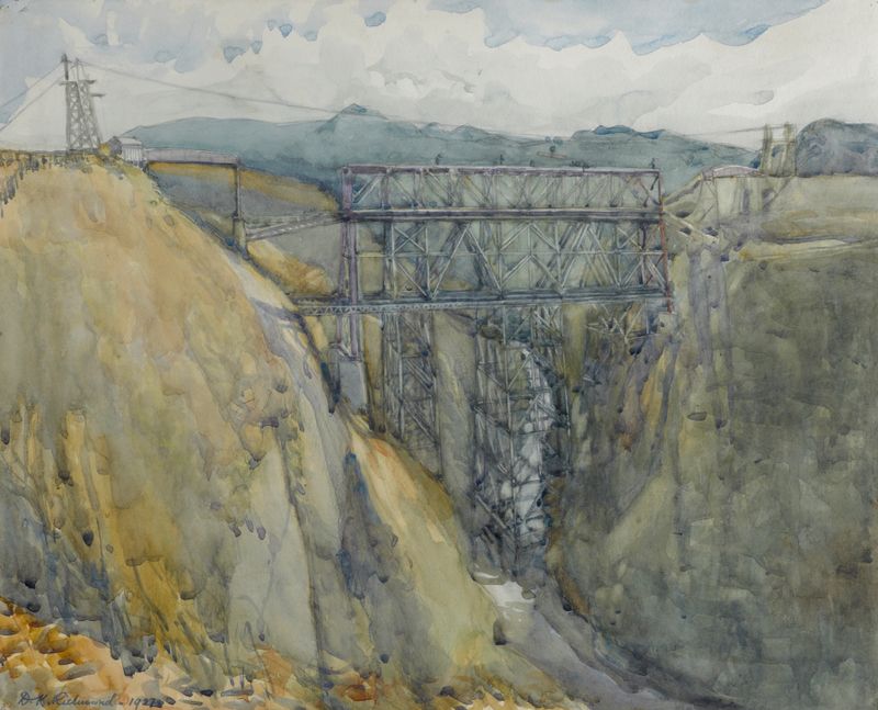 The Viaduct, Waikoau by Dorothy Richmond, modernism, vibrant landscape featuring a viaduct