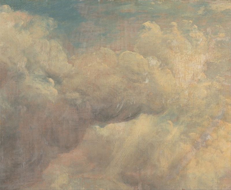 Cloud Study by John Constable, oil painting of soft cumulus clouds in a pale blue sky.