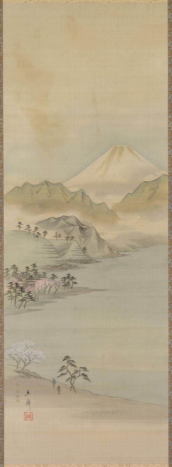 Lake Suwa de Utagawa Hiroshige, Ukiyo-e, retratando uma paisagem serena com um pôr do sol sobre o lago.