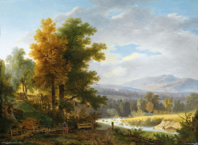 Trabajador de la madera en un vasto paisaje, óleo sobre lienzo de Wolfgang Adam Töpffer