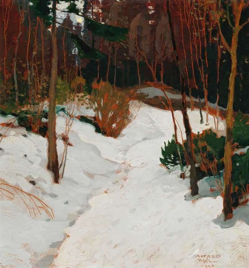 Winter forest by Alfred Poell, oil on canvas depicting snow-covered trees and soft light.