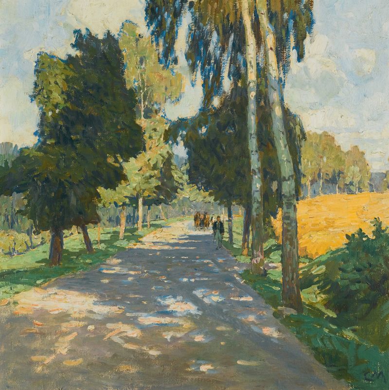 Tree lined road in Bruntál de Carl Moll, óleo sobre tela que retrata uma paisagem serena.