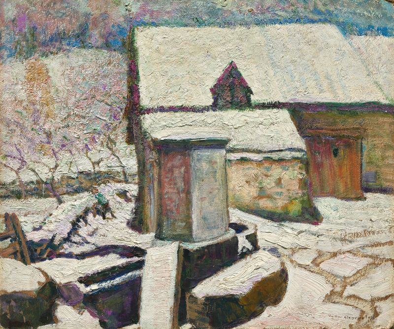 Winter landscape with swans on ice by Victor Charreton, oil painting
