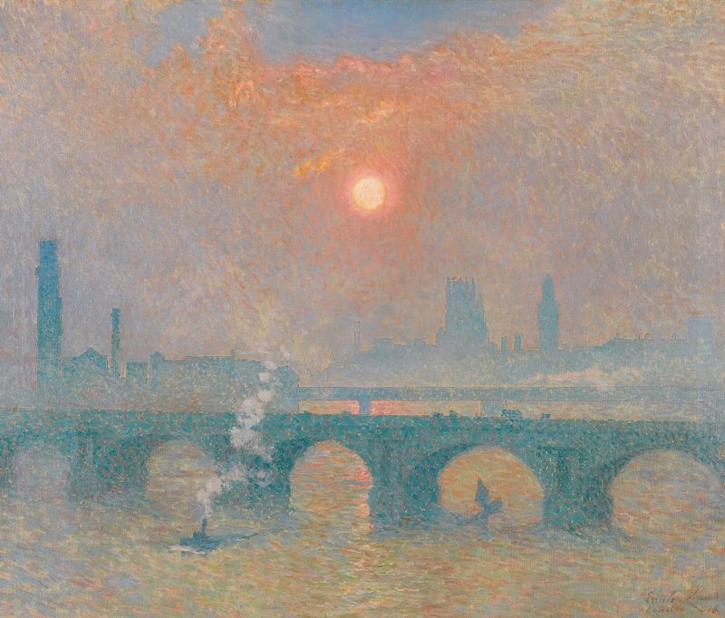 Waterloo Bridge, London by Emile Claus, oil painting depicting a river scene at dusk