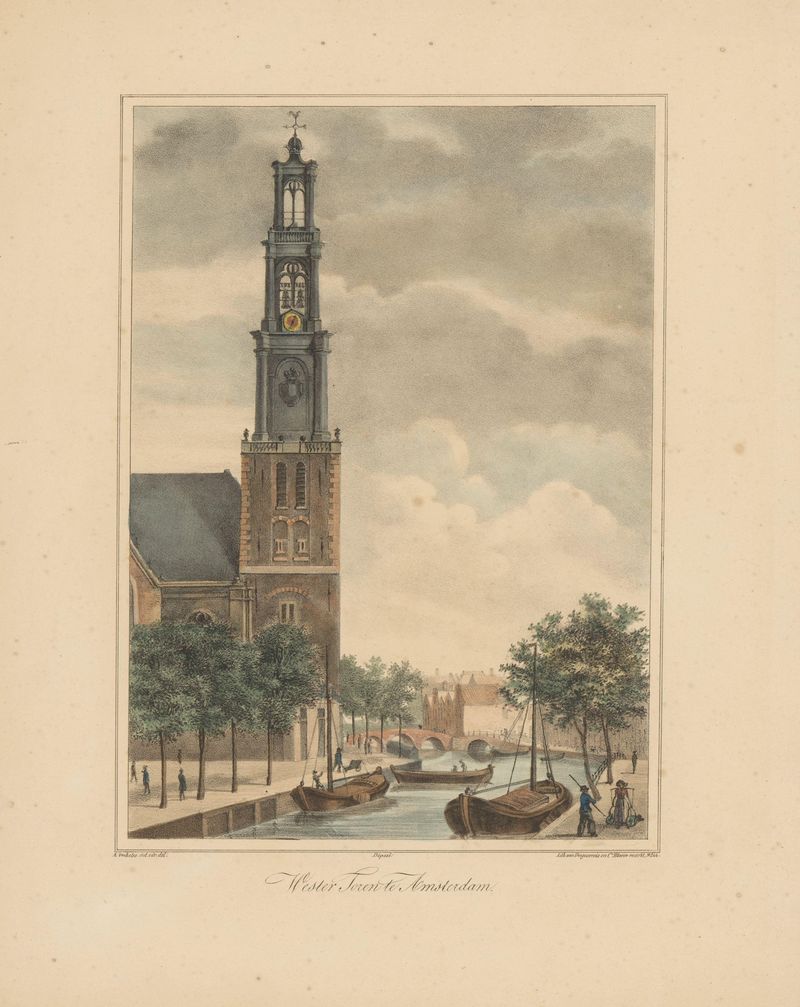 Wester Toren te Amsterdam engraving by Abraham Vinkeles, featuring a tower against a fading sky.