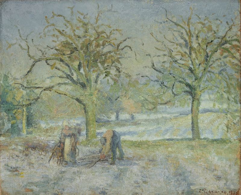 Paisagem de inverno óleo de Camille Pissarro com neve, árvores e um caminho sinuoso.