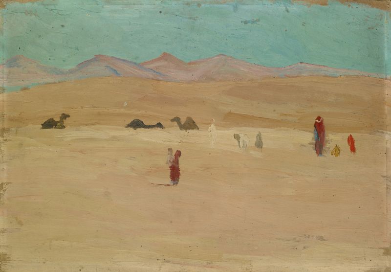 Caravan de Ernst Schiess, pintura al óleo que representa un paisaje con figuras y tonos cálidos.