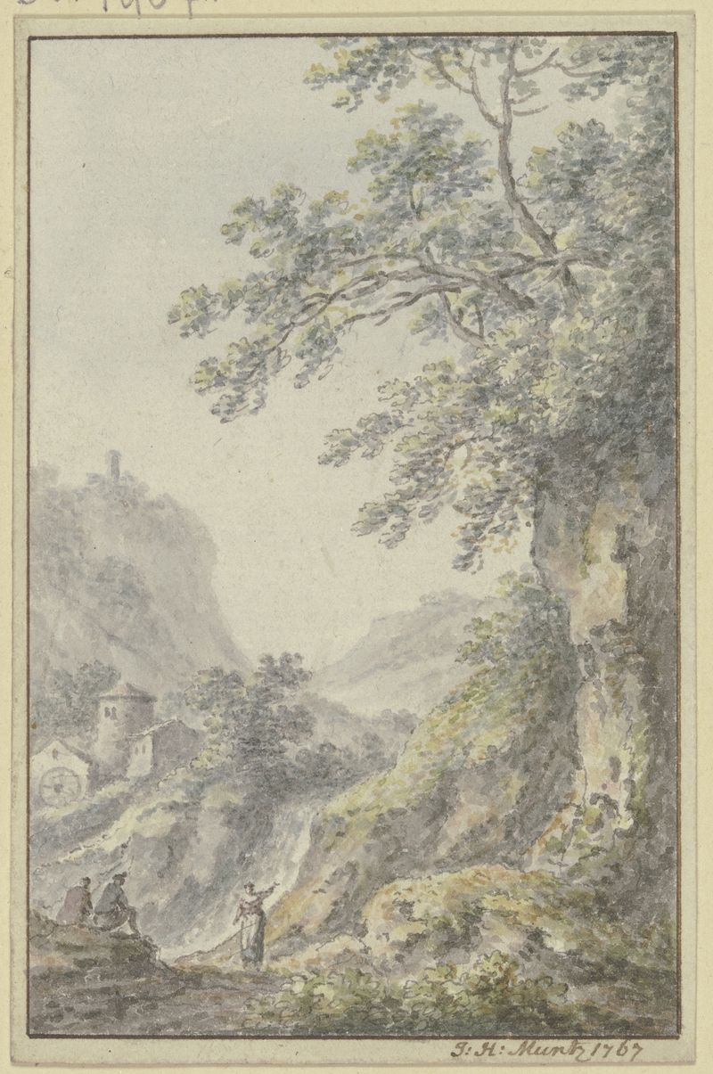 Rococo oil painting by Johann Heinrich Müntz depicting a mountain landscape with a castle and figures