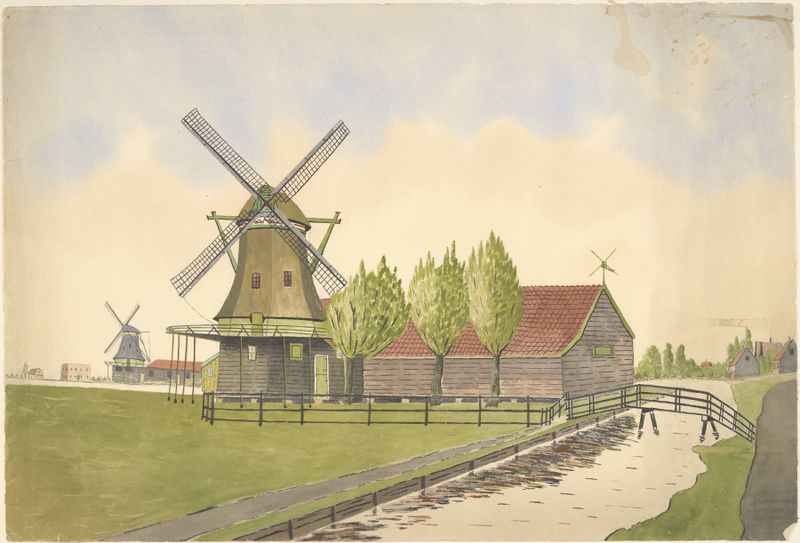 Pintura a óleo de paisagem por Johannes Nicolaas Eijman com moinhos e vegetação vibrante