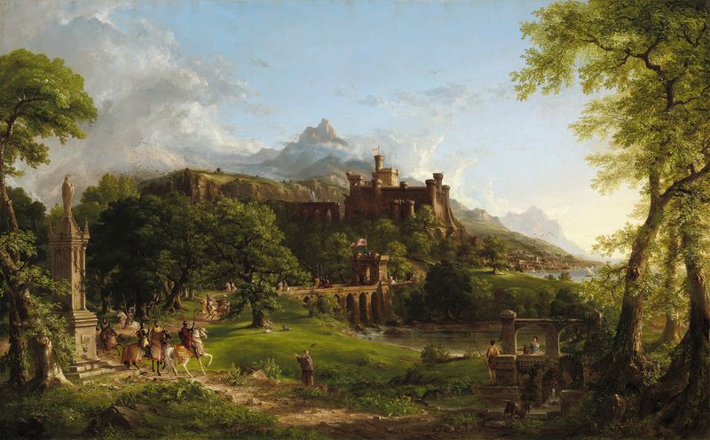 La Partida de Thomas Cole, pintura al óleo que muestra un abrazo tierno en luz dorada