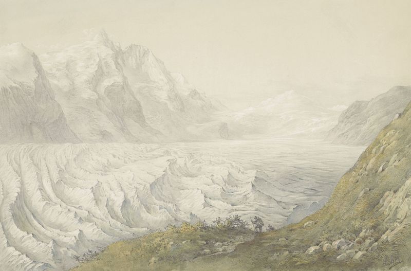 Pasterze gletsjer bij Heiligenblut, óleo sobre tela de Karoly Lajos Libay retratando uma paisagem de glaciar.