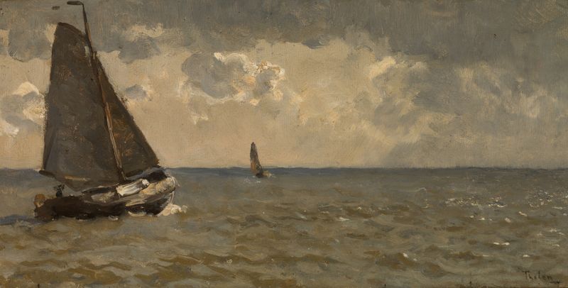 Marine scene with a boat in a stormy sea, oil painting by Willem Bastiaan Tholen