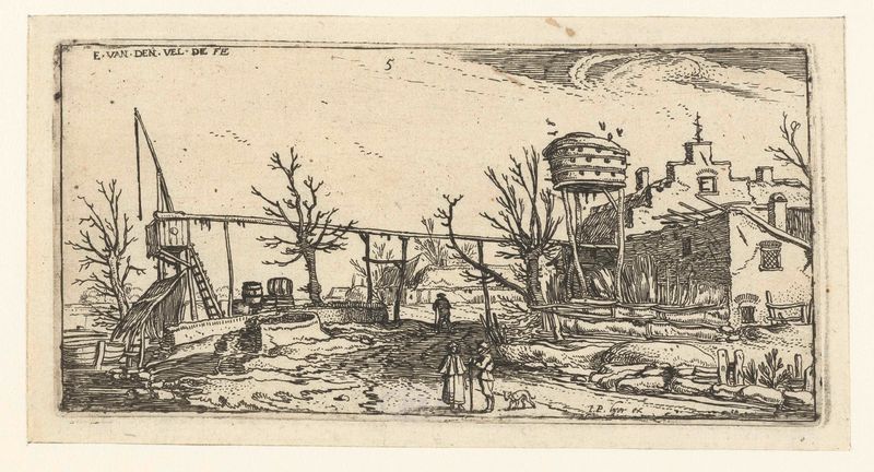 Landschap met een brouwerij, gravura de Esaias van de Velde representando uma paisagem rural com uma cervejaria.