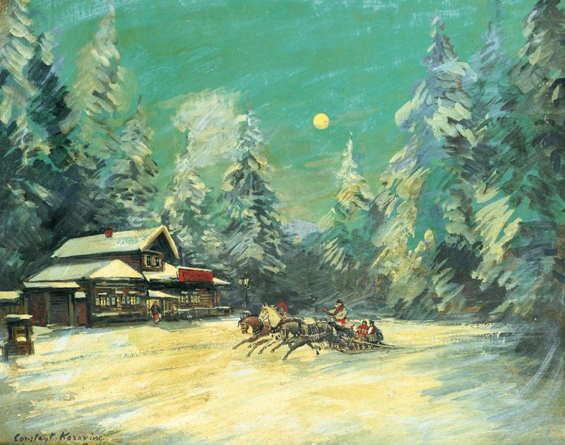 Troïka passant devant une auberge la nuit, óleo sobre tela de Konstantin Alexeevich Korovin