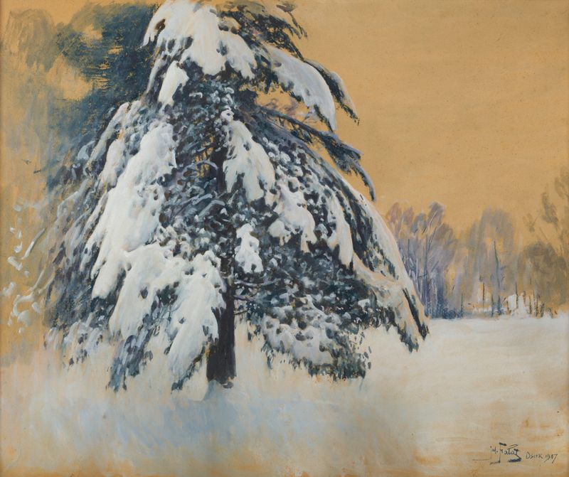 Cap of Snow de Julian Falat, pintura a óleo que retrata uma árvore coberta de neve contra um céu azul claro