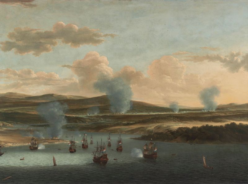 Battle of Medway by Willem Schellinks, oil on canvas depicting ships and soldiers in conflict.