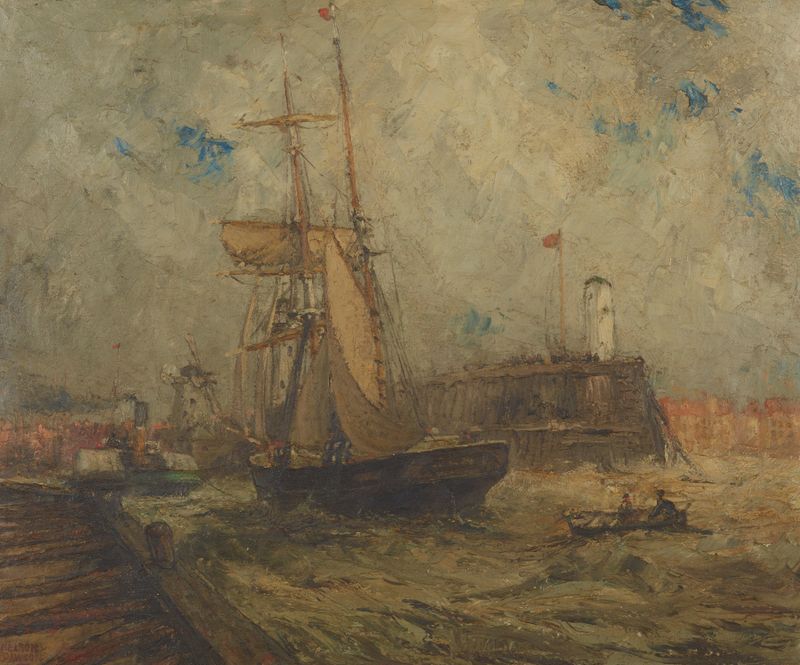 Brigantina entrando en el puerto de Littlehampton, realismo de Nelson Dawson