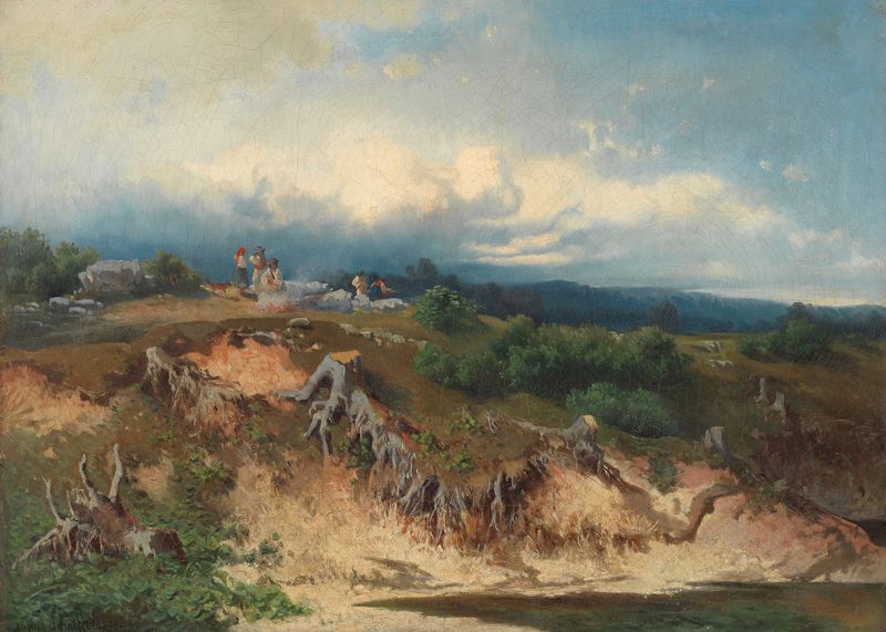 Uferpartie mit kampierenden ‘Zigeunern’ by August Schaeffer von Wienwald, oil painting depicting figures by the riverbank.