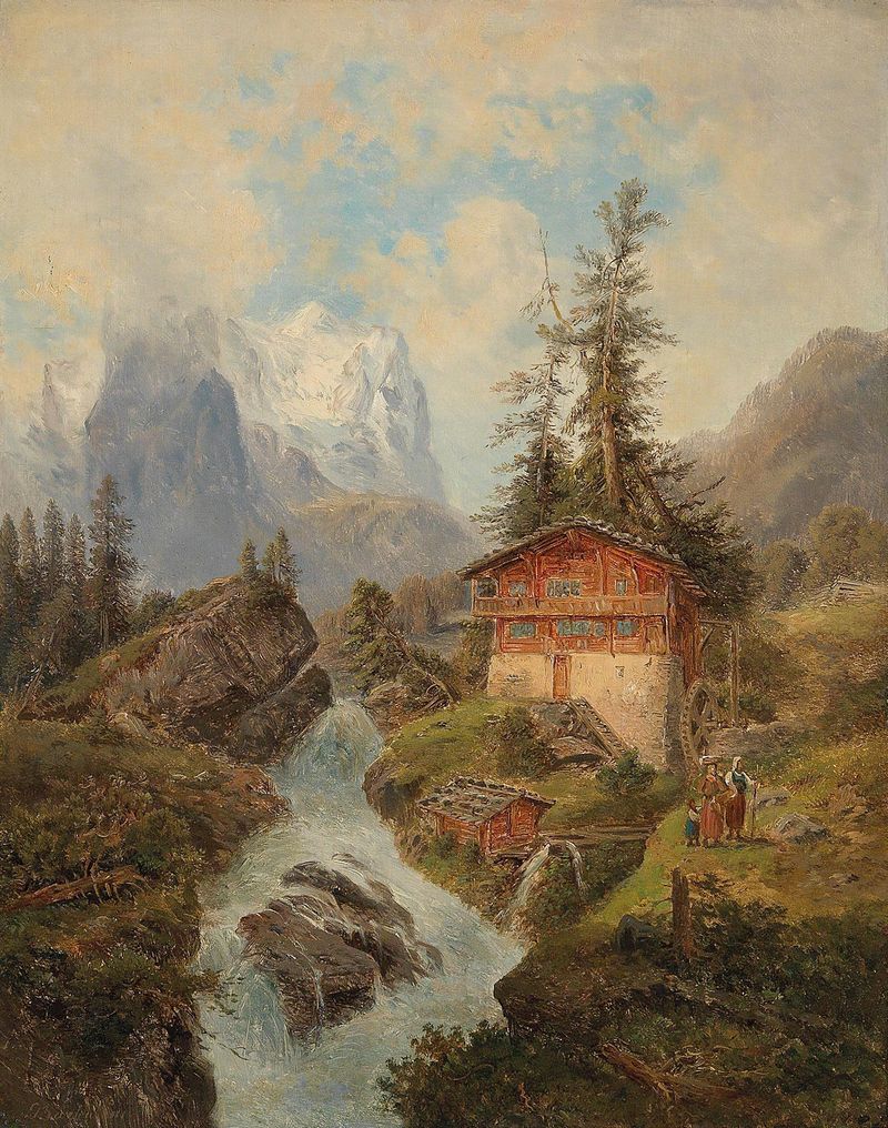 Landscape of Das Wetterhorn by Gustav Barbarini, oil painting depicting swirling clouds and a majestic mountain.