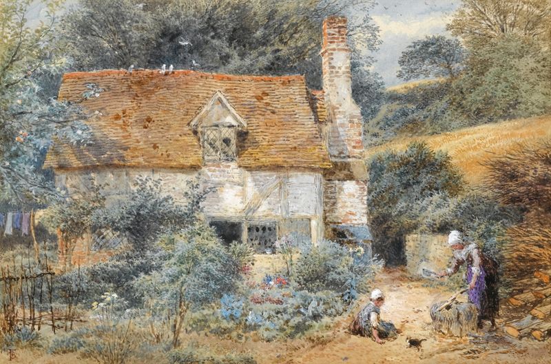 La Cabaña de Myles Birket Foster, paisaje victoriano con luz filtrada y bosque.