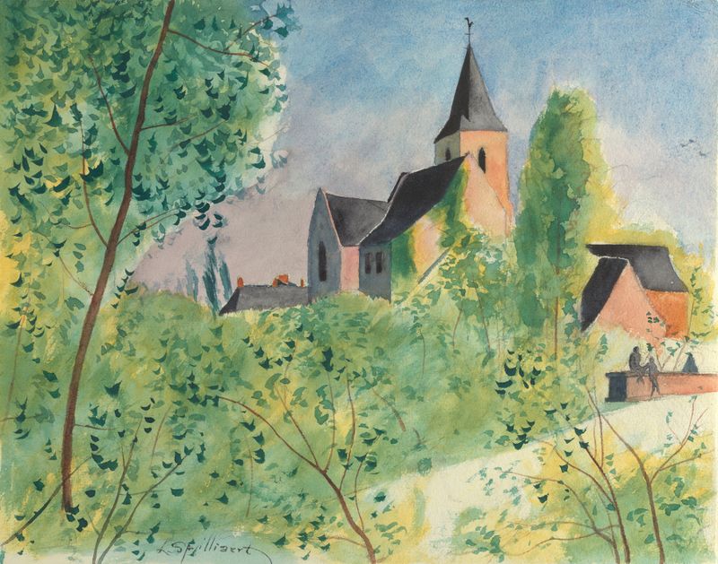 Landschap voor ‘Au temps que Nanette était perdue’ de Léon Spilliaert, óleo sobre lienzo que representa un paisaje tranquilo.