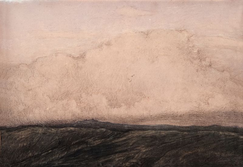 Formación de Nubes sobre la Montaña de Karl Nordström, pintura al óleo que muestra luz del sol rompiendo nubes.