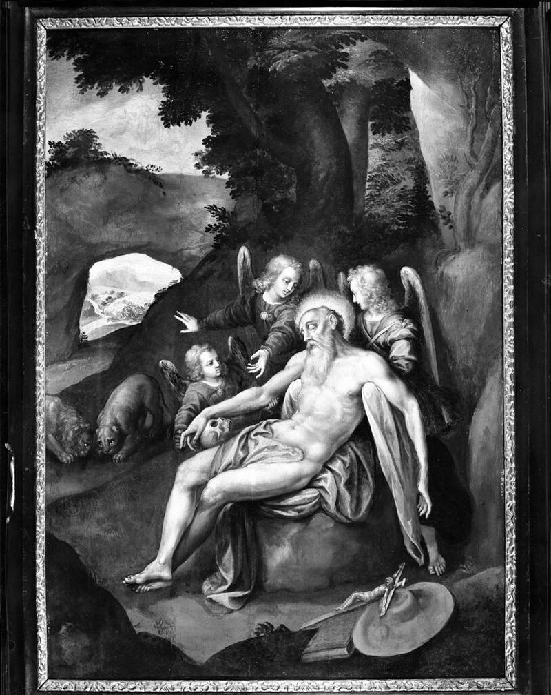 La muerte de San Jerónimo, óleo sobre panel de Bernardino Passeri, con luz de vela y una figura envejecida.