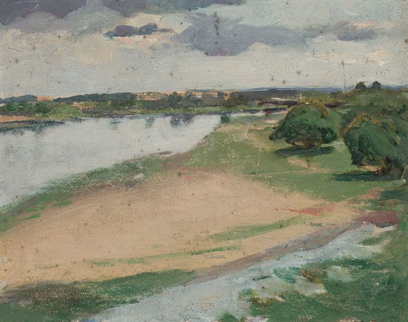 Landscape by Zygmunt Dworzaczek, oil painting depicting tranquil hills and a serene horizon.