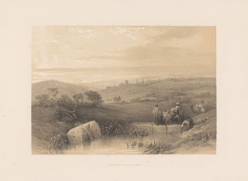 Jérusalem du cote du Nord de François Stroobant, óleo sobre lienzo que muestra un atardecer sobre una ciudad antigua.