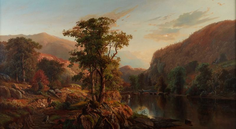 Autumn Riverscape de Henry W. Kemper, pintura a óleo que retrata um rio ao crepúsculo.