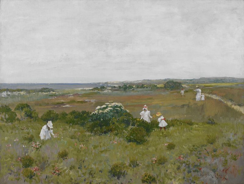Seaside Flowers de William Merritt Chase, pintura a óleo que representa flores silvestres em um vaso.