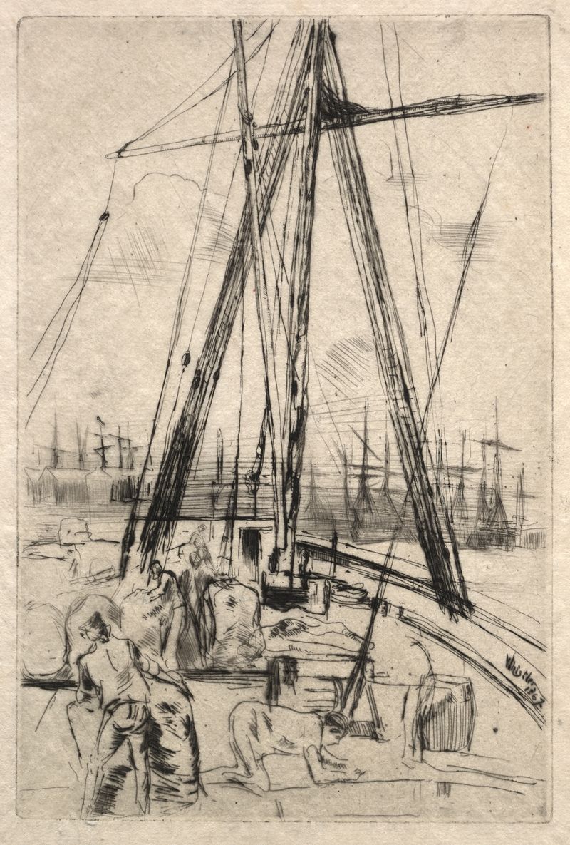 Shipping at Liverpool, pintura a óleo de James Abbott McNeill Whistler, mostrando grandes navios nos docas.