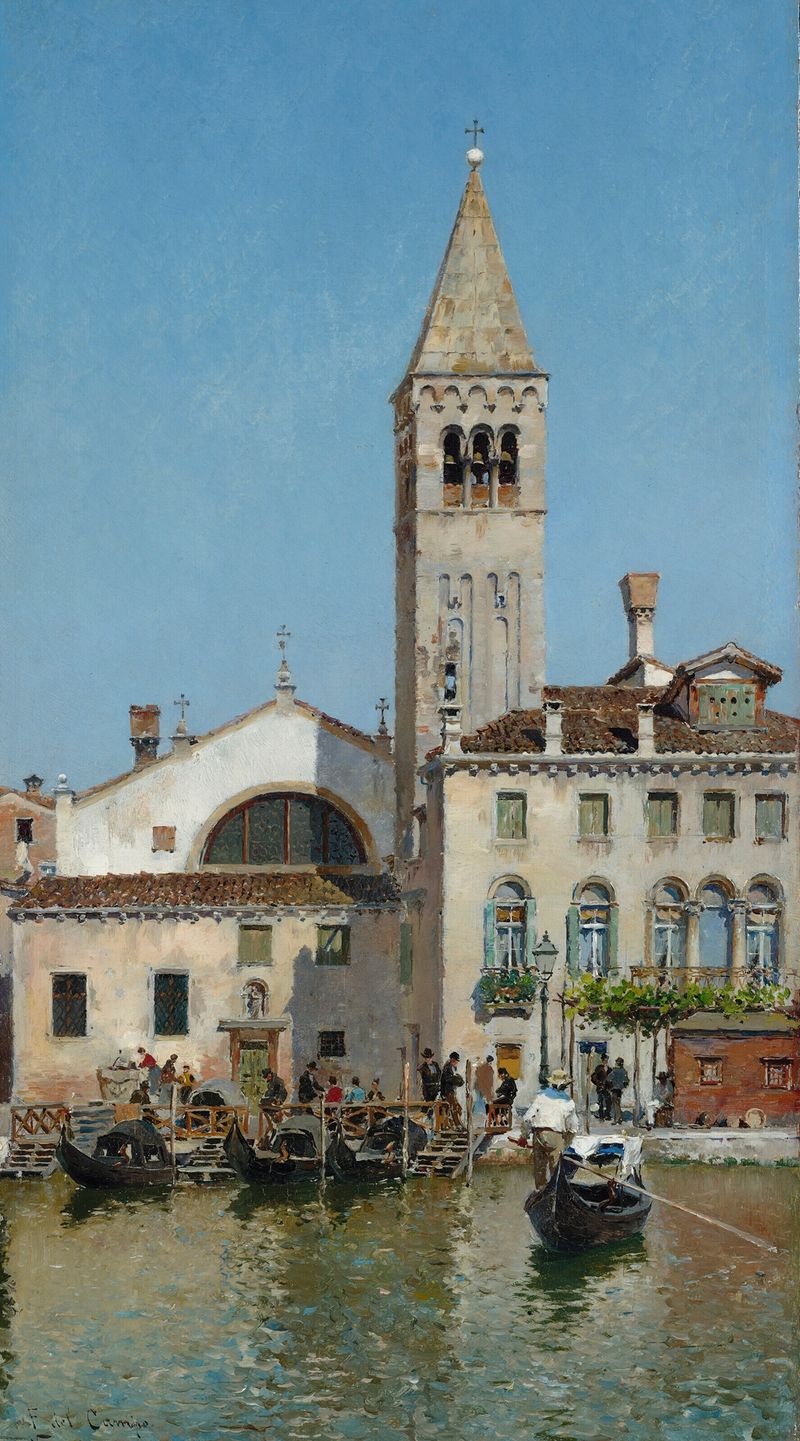 View of Venice by Federico del Campo, oil on canvas depicting a serene canal at twilight.