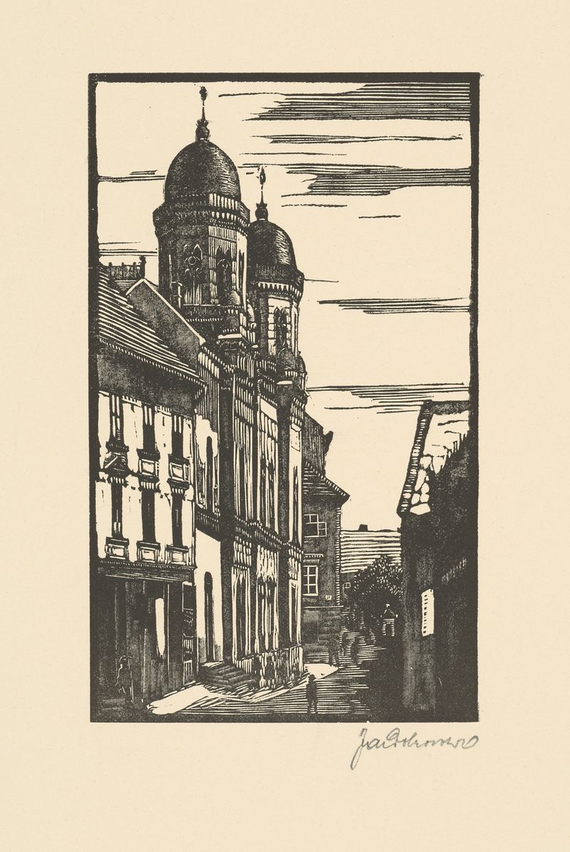 Obra de modernismo de Jaroslav Dobrovolský retratando uma sinagoga com azuis vibrantes e superfícies texturizadas.