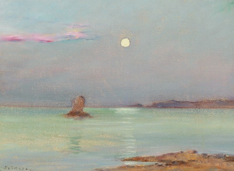 Moon Rising over the Sea, óleo sobre tela de Ferenc Szikszay, representando um mar iluminado pela lua ao crepúsculo.