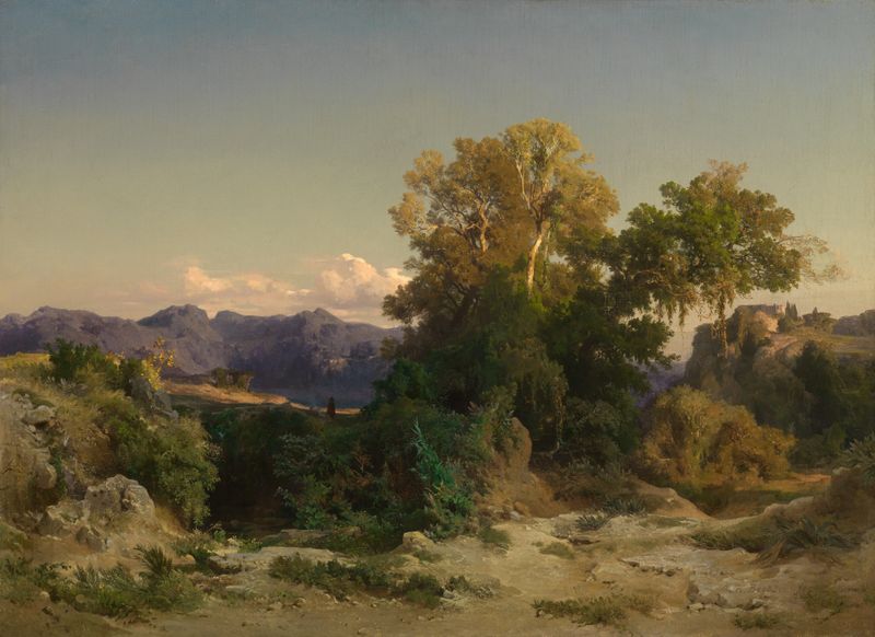 Landscape in the Roman Campagna by Arnold Böcklin, oil painting depicting rolling hills and wildflowers.
